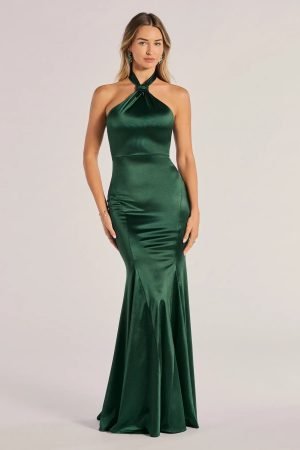 Hallie Satin Sleeveless Halter Mermaid Dress
