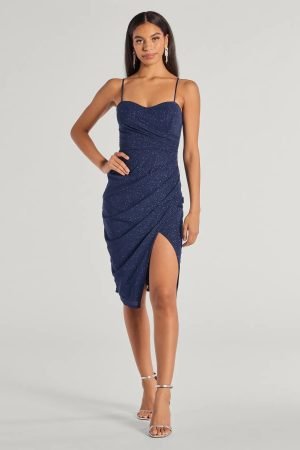 Glitz And Glimmer Glitter Mesh Wrap-Front Midi Dress