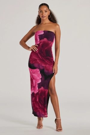 Grandeur Blooms Strapless Slit Floral Maxi Dress