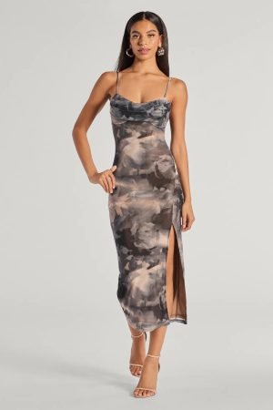 Dare To Allure Abstract Print High Slit Midi Dress