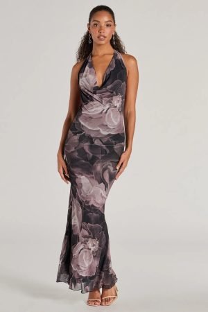 Drama-Worthy Abstract Floral Mesh Maxi Dress
