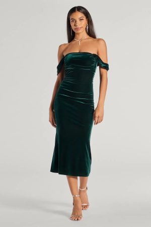 Regal Moment Off-The-Shoulder Velvet Midi Dress