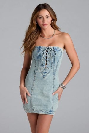 Summertime Heat Lace-Up Denim Mini Dress