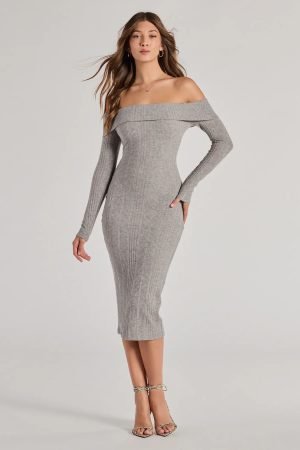 Perfect Curves Ribbed Knit Off-The-Shoulder Midi Dress