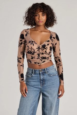 Charming Flocked Floral Mesh Long Sleeve Corset Top