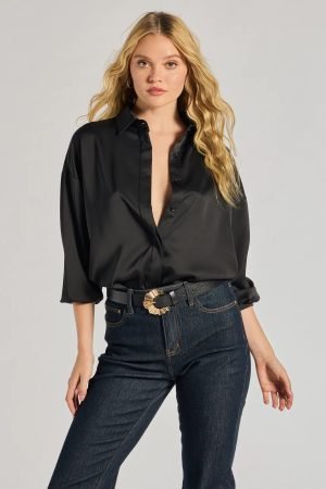 Always Chic Satin Button-Down Long Sleeve Top