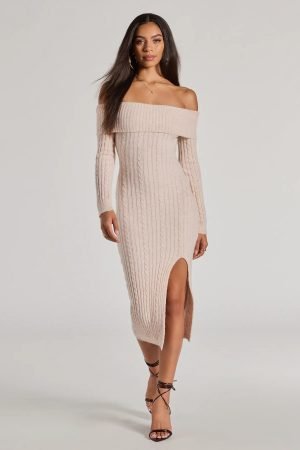 Cozy Luxe Cable Knit Off-The-Shoulder Midi Dress