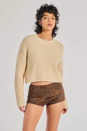 Coziest Style Waffle Knit Crew Neck Sweater